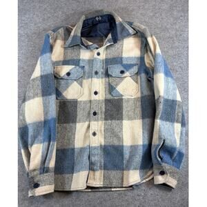 Vintage 50s Shirt Mens Large Blue Plaid Flannel Shacket Hunting Button Up